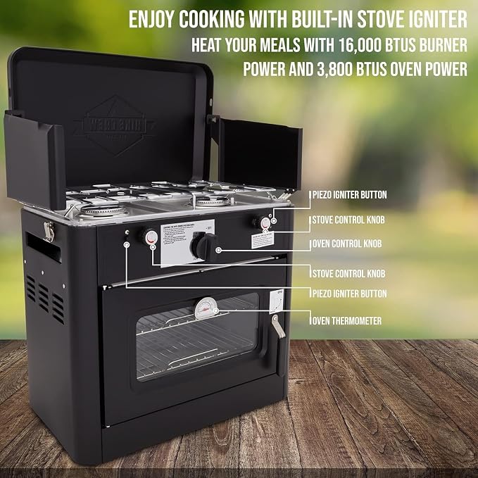 Hike Crew Outdoor Gas Camping Oven w/Carry Bag | CSA Approved Portable Propane-Powered 2-Burner Stove & Auto Ignition, Overheat Safety Shutoff, Built-In Thermometer Hose Regulator Included
