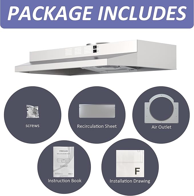 FIREGAS 30 Inch Under Cabinet Range Hood, 300 CFM Powerful & 45dB Quiet Vent Hood, Slim Stainless Steel Stove Hood for Kitchen & Apartments, 2-Speed Exhaust Fan, Ducted/Ductless Convertible