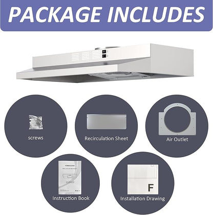 FIREGAS 30 Inch Under Cabinet Range Hood, 300 CFM Powerful & 45dB Quiet Vent Hood, Slim Stainless Steel Stove Hood for Kitchen & Apartments, 2-Speed Exhaust Fan, Ducted/Ductless Convertible