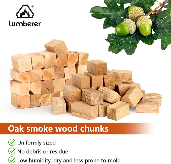 Lumberer Oak Smoking Chunks – Medium-Heavy Smoke for All Meats – 100% Natural Wood, Long Burn – 4LBS Heat-Treated & Purified
