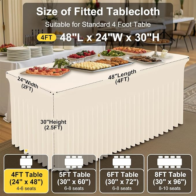 Smiry 2 Pack Spandex Elastic Fitted Table Cloth Skirt for 4FT Table | Stretch Washable Table Cloth, Banquet Table Cover for Wedding, Party, Indoor & Trade Shows, (Beige, 48Lx24Wx30H)