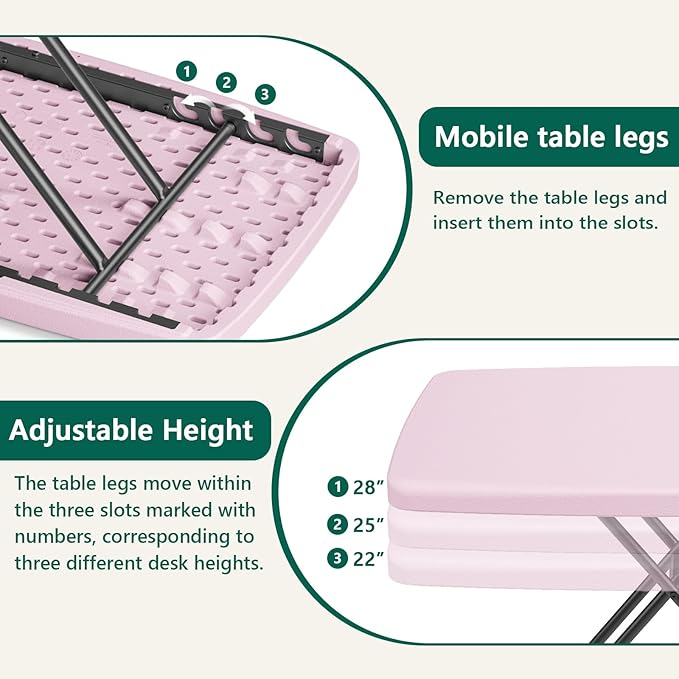 Folding Table- Small Desk Adjustable Height TV Tray for Laptop, Couch, Camping - Heavy Duty Utility Foldable Table for Small Spaces, No Assembly Required, Granite (Pink, 30in-2pack)