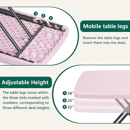 Folding Table- Small Desk Adjustable Height TV Tray for Laptop, Couch, Camping - Heavy Duty Utility Foldable Table for Small Spaces, No Assembly Required, Granite (Pink, 30in-2pack)