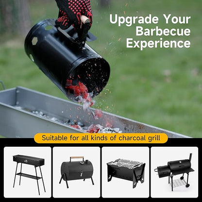 WILLBBQ Charcoal Chimney Starter Great for Fireplace, BBQ, Fire Pits, Barbecues, Chimineas, Campfires, Pizza Ovens - Zinc Steel BBQ Kit, 20 Starters, Heat Resistant Gloves Blower (Bright Black)