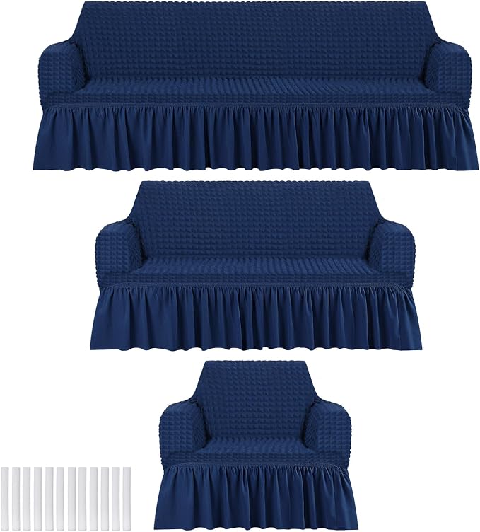 Fanfanwin 3 Pcs Sofa Slipcover Set for Couch Cushion Durable Washable High Elastic Stretchable Furniture Couch Covers with Skirt for Sofa Loveseat Arm Chair(Navy Blue,Seersucker)