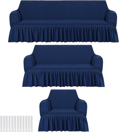 Fanfanwin 3 Pcs Sofa Slipcover Set for Couch Cushion Durable Washable High Elastic Stretchable Furniture Couch Covers with Skirt for Sofa Loveseat Arm Chair(Navy Blue,Seersucker)
