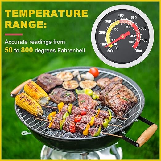2 3/8" Face 800F Charcoal BBQ Thermometer, Barbecue Temperature Gauge Grill Pit Wood Smoker Outdoor Meat Beef Pork Lamb Cooking Heating Camping Replacement Parts