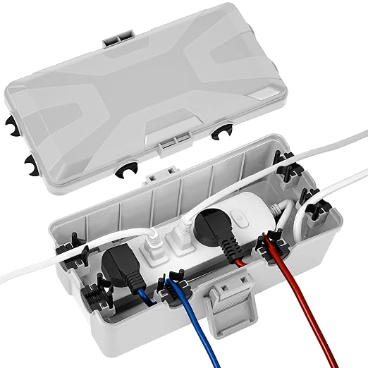 Medium Outdoor Electrical Box(10.4x6x4.2inch), IP54 Waterproof, Weatherproof Connection Box w/6 Cable Entry Ports, Extension Cord Cover Protect Power Strip, String Lights, Timer, Plug, Grey