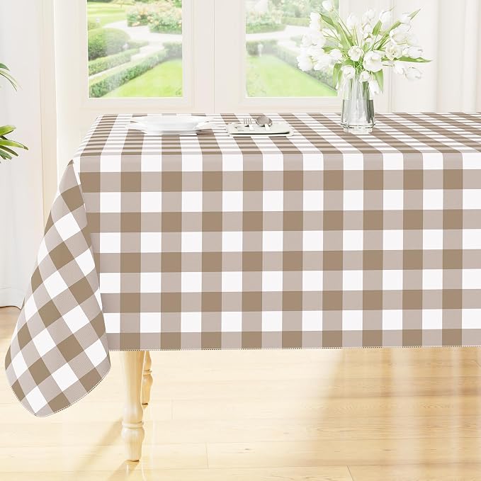 Smiry Picnic Table Cloth, Vinyl Tablecloths with Flannel Backing, 70"x120" | Waterproof Rectangle Table Cloth, Wipeable Buffalo Plaid Table Cover for Indoor and Outdoor (Khaki & White)