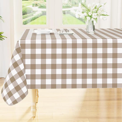 Smiry Picnic Table Cloth, Vinyl Tablecloths with Flannel Backing, 52"x90" | Waterproof Rectangle Table Cloth, Wipeable Buffalo Plaid Table Cover for Indoor and Outdoor (Khaki & White)