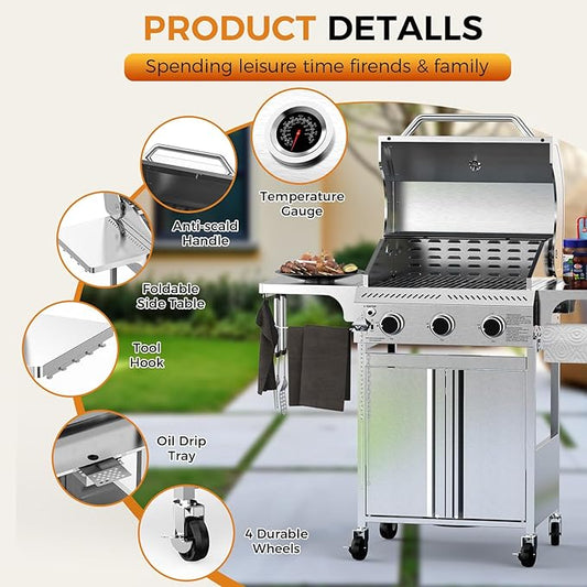 R.W.FLAME 3 Burner Propane Gas Grill, 24,000 BTU Stainless Steel BBQ Grill with Foldable Shelves, Outdoor Grill for Backyard, Patio, and Camping
