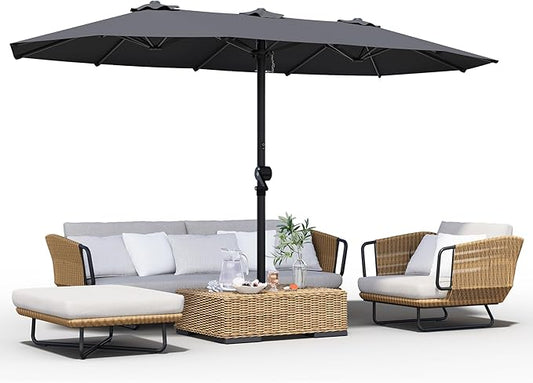 GDPFN 15FT Large Patio Umbrella, Outdoor Deck Standing Umbrella with Crank Handle, Double-Side Rectangular Pool Umbrella for Outside, Market, Patio, Dark Gray (Base Not Include)
