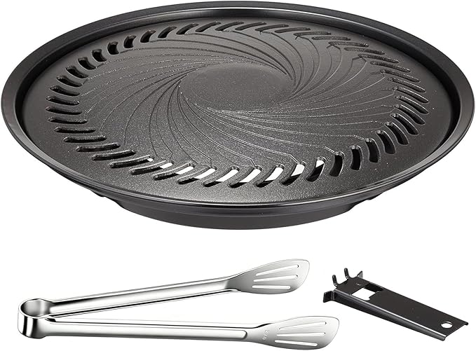 Korean BBQ Grill Pan, Nonstick 13.5" Round Indoor Grill Pan Smokeless Cast Aluminum Includes Food Tongs & Grill Plate Handle, Outdoor Camping Grilling, Picnic Cooking