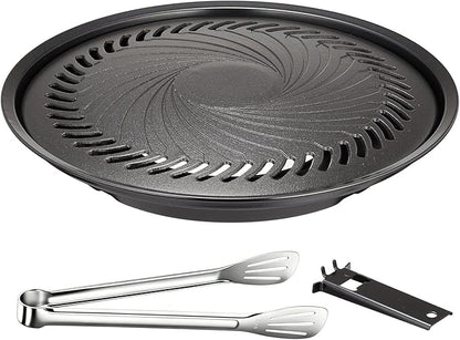 Korean BBQ Grill Pan, Nonstick 13.5" Round Indoor Grill Pan Smokeless Cast Aluminum Includes Food Tongs & Grill Plate Handle, Outdoor Camping Grilling, Picnic Cooking