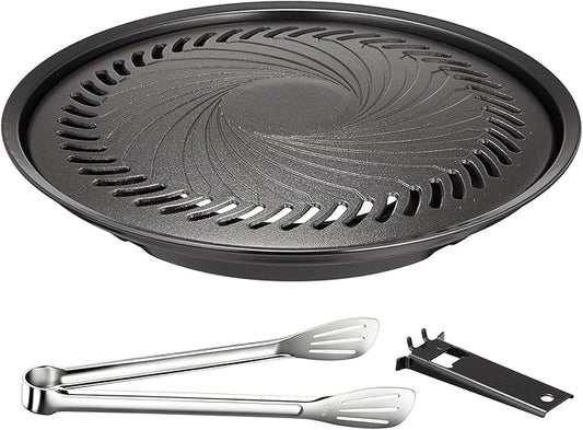 Korean BBQ Grill Pan, Nonstick 13.5" Round Indoor Grill Pan Smokeless Cast Aluminum Includes Food Tongs & Grill Plate Handle, Outdoor Camping Grilling, Picnic Cooking