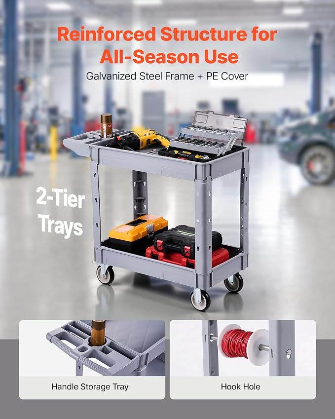 VEVOR Utility Cart, 550 lbs Capacity, 2 Tier Service Cart with 360° Swivel & Fixed Wheels (2 with Brakes), Heavy Duty Plastic Rolling with Storage Tray, Tool Storage for Garage Warehouse Workshop