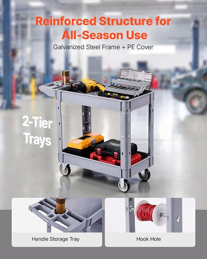 VEVOR Utility Cart, 550 lbs Capacity, 2 Tier Service Cart with 360° Swivel & Fixed Wheels (2 with Brakes), Heavy Duty Plastic Rolling with Storage Tray, Tool Storage for Garage Warehouse Workshop