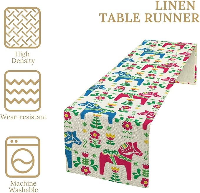 House Table Runner Swedish Art Horse and Flower,Cotton Linen Table Runner Decoration Kitchen Dining Table Runners for Indoor Outdoor Home Party Holiday Decor 13X108Inch