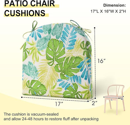 downluxe Outdoor Chair Cushions Set of 4 for Patio Furniture, Water-Resistant Patio Chair Cushions with Ties, High Density Foam Outdoor Seat Cushion, 17" X 16" X 2", Tropical Green Leaves