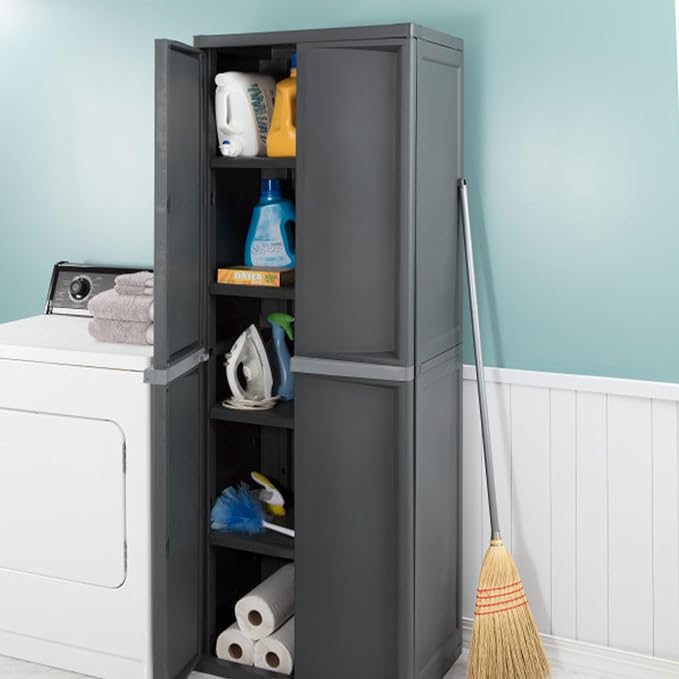 Sterilite 4 Shelf Cabinet, Lockable Utility Storage, Gray, 2-Pack | Adjustable Shelves - Plastic Shelving Unit for Organizing Garage, Pantry, Basement, Laundry Room or Mudroom