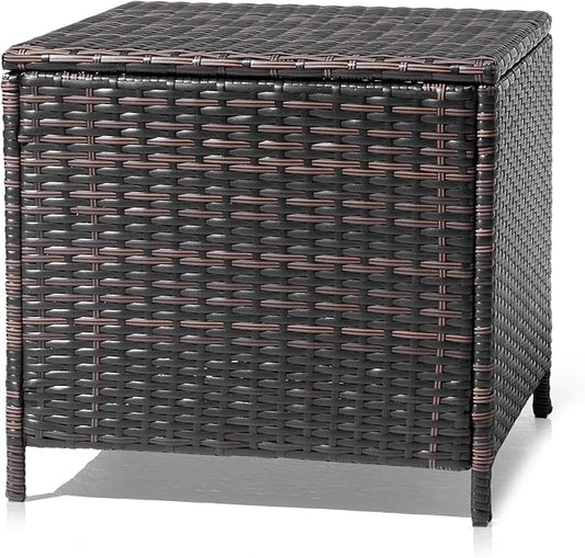VINGLI 27 Gallon Outdoor Deck Box, Wicker Outdoor Storage Box with Lid, Small Storage Bin Container for Outside and Patio, Patio Rattan Side Table for Yard Porch (Brown, Square)