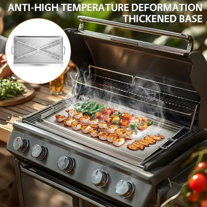 LotFun 25" x 16" Stainless Steel Cooking Griddle for Outdoor Gas Grill, Universal Griddle Flat Top Plate Insert with Grease Groove and Removable Handles for Electric/Charcoal/Gas Grill, Camping,Party