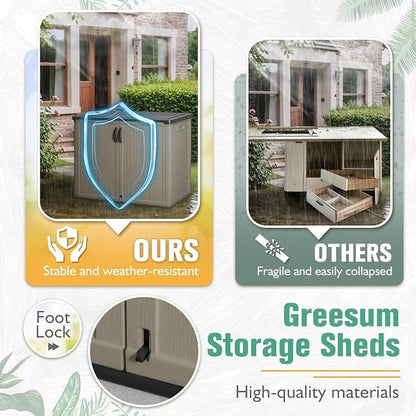 Greesum Outdoor Storage Cabinet 26 CuFt, Resin Large Storage Box Weather Resistance with Lockable Doors, Easy to Assemble, Horizontal Storage Shed for Garden, Backyard, Patio, Beige (Without Shelf)