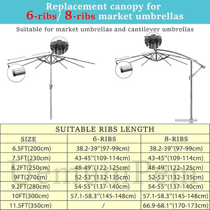 10ft/9ft/7.5ft Patio Umbrella Replacement Canopy for 6/8 Ribs, Outdoor Market Patio Table Umbrella Top Canopy Cover for Backyard Garden Courtyard Swimming Pool