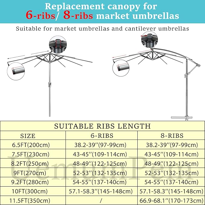 10ft/9ft/7.5ft Patio Umbrella Replacement Canopy for 6/8 Ribs, Outdoor Market Patio Table Umbrella Top Canopy Cover for Backyard Garden Courtyard Swimming Pool