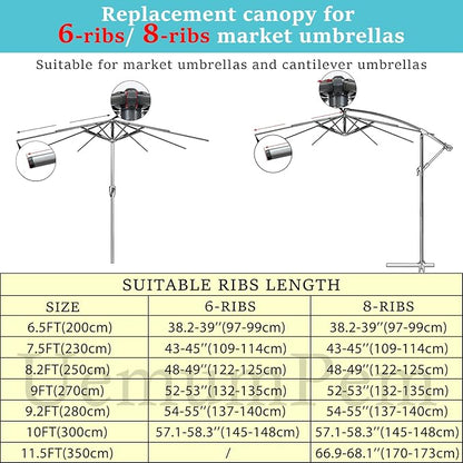 10ft/9ft/7.5ft Patio Umbrella Replacement Canopy for 6/8 Ribs, Outdoor Market Patio Table Umbrella Top Canopy Cover for Backyard Garden Courtyard Swimming Pool