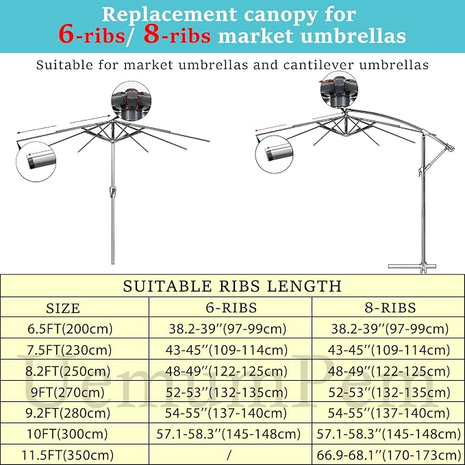 10ft/9ft/7.5ft Patio Umbrella Replacement Canopy for 6/8 Ribs, Outdoor Market Patio Table Umbrella Top Canopy Cover for Backyard Garden Courtyard Swimming Pool