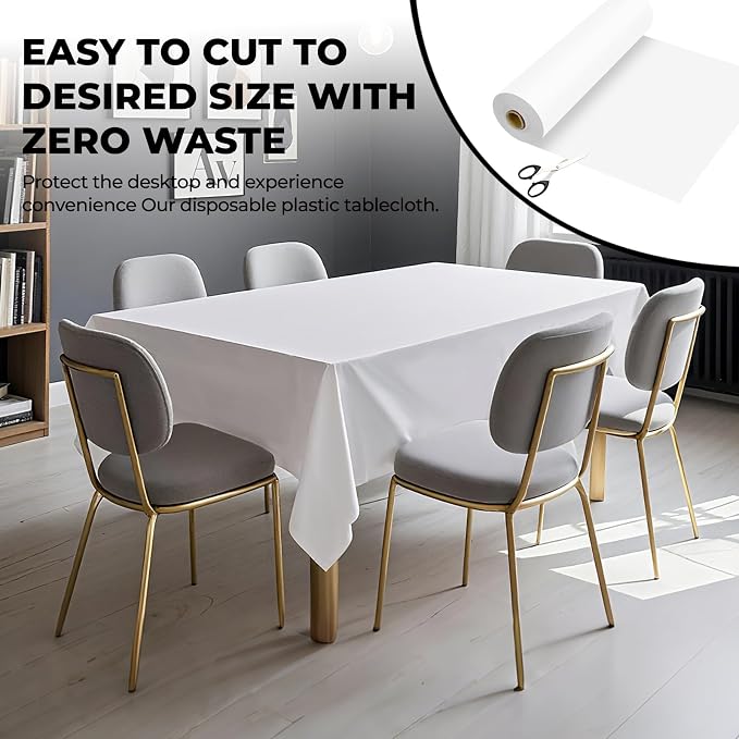 54 Inch X 100 Feet Plastic Table Cover Roll Premium Disposable Plastic Tablecloth for All Type/Shape Tables | Picnic, Party, Banquet, Birthdays, Weddings (White, 54 Inch X 100 Feet)