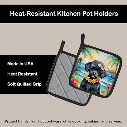 Caroline's Treasures Black Poodle Luau Pair of Pot Holders Kitchen Heat Resistant Pot Holders Sets Oven Hot Pads for Cooking Baking BBQ, 7 1/2 x 7 1/2