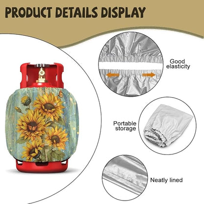 Rv Propane Tank Cover 20 lb Sunflower Wood Print Gas Tank Cover Outdoor 600D Heavy Duty Waterproof Covers Fits Standard 20 lb Cylinder, 13.7'' x 16.5''
