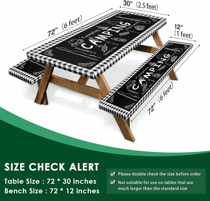 Picnic Table Cover with Bench Covers, Black Edges, 3PCS, 72 Inch | Waterproof Fitted Camper Outdoor Patio Camping Essentials Tablecloth with Drawstring Bag