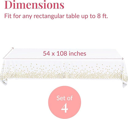 Prestee White and Gold Tablecloths, 4pk, 54x108 Inches - Party Table Cloths Disposable - Gold Dot Disposable Tablecloths - Plastic Table Cloth - Engagement Party Decorations, Baptism Decorations