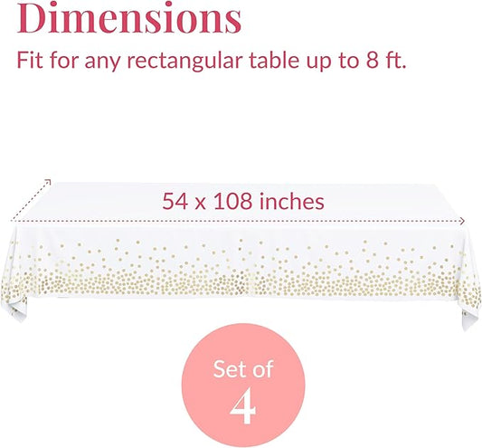 Prestee White and Gold Tablecloths, 4pk, 54x108 Inches - Party Table Cloths Disposable - Gold Dot Disposable Tablecloths - Plastic Table Cloth - Engagement Party Decorations, Baptism Decorations