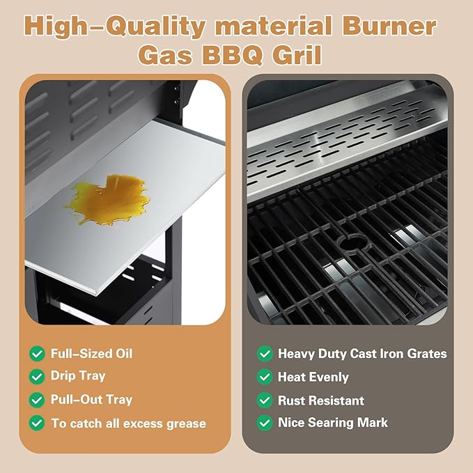 Endark 3-burner Propane Gas Grill | 37,000 BTU Stainless Steel with Side-iFre Function | with Enameled Cast Iron Grate,Thermometer and Side Stand Wheels | Great for Patio and Garden Outdoor Cooking