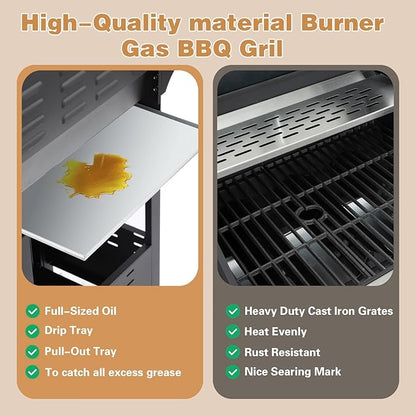 Endark 3-burner Propane Gas Grill | 37,000 BTU Stainless Steel with Side-iFre Function | with Enameled Cast Iron Grate,Thermometer and Side Stand Wheels | Great for Patio and Garden Outdoor Cooking