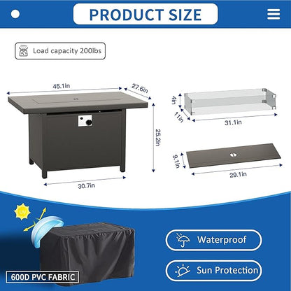 Kullavik 45" Propane Fire Pit Table,55000 BTU Auto-Ignitiongas Gas Fire Table with Fire Glass and Lid,Waterproof Cover and Blue Glass Stone for Patio,Balcony,Garden