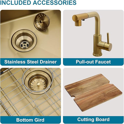 Gold Bar Sink With Faucet Drop In Bar Sinks 15x17 Inch Stainless Steel Indoor Outdoor Kitchen Workstation16 Gauge Single Bowl Small Sinks With Pull-out Faucet 15"x17"x9"