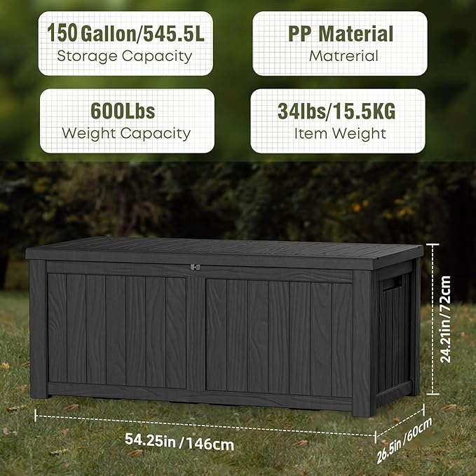 PatioZen 150 Gallon Deck Box,Resin Outdoor Storage Box with Lockable for Patio Furniture, Pool Tools, Garden Tools Waterproof Outside Storage Box, Black