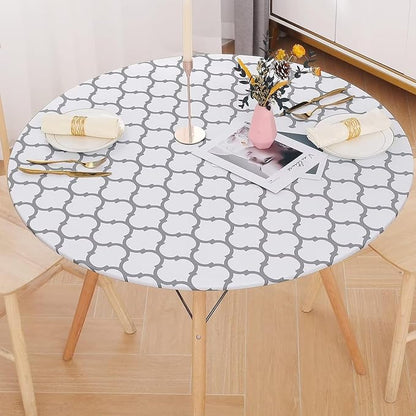 Romanstile Round Fitted Vinyl Tablecloth with Elastic Edge 100% Waterproof | Table Covers for 45"- 56" Tables, Wipeable Flannel Backed Plastic Table Cloths for Dinner Picnic Camping, WhiteMoroccan