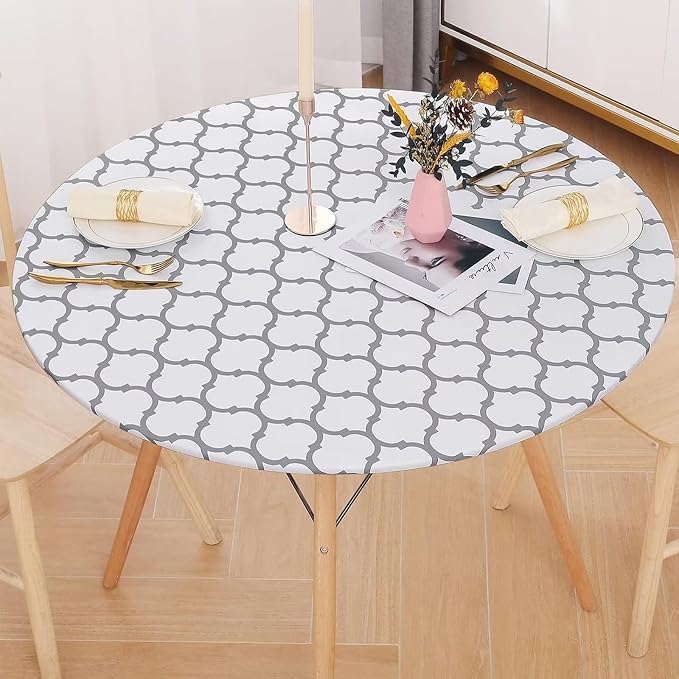 Romanstile Round Fitted Vinyl Tablecloth with Elastic Edge 100% Waterproof | Table Covers for 57"- 68" Tables, Wipeable Flannel Backed Plastic Table Cloths for Dinner Picnic Camping, WhiteMoroccan