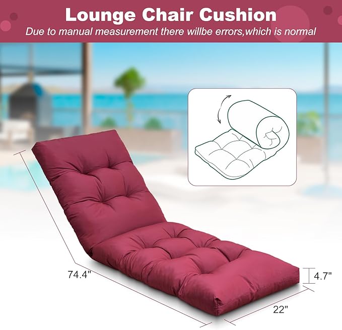 Outdoor Lounge Chair Cushions, 74.4 x 22 x 4.8 Inches Waterproof Fade Resistant Patio Cushion for Chaise Lounger (Wine Red)