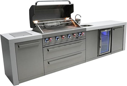 Mont Alpi 132"W x 23"D x 46"H Deluxe Stainless Steel Outdoor Kitchen Island with Refrigerator Faucet & Sink Combo + 44"W 6-Burner BBQ Grill + Granite Countertops + Storage Cabinets + Drawers + Cover