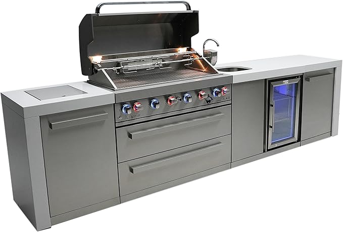 Mont Alpi Premium 132"W x 23"D x 46"H Deluxe Stainless Steel Outdoor Kitchen Island with Fridge Faucet & Sink Combo + 44"W 6-Burner BBQ Grill + Granite Countertops + Storage + Rotisserie Kit + Cover
