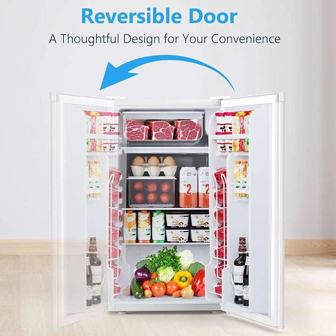 COWSAR 3.2 Cu.Ft Dorm Fridge with Freezer, Single Reversible Door Compact Refrigerator, Adjustable Thermostat, 2 Removable Shelves, Commercial Drink Fridge for Bedroom, Office, Kitchen, Dorm, White