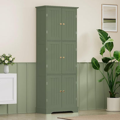 ChooChoo 63.2" Tall Bathroom Storage Cabinet with 6 Doors | Freestanding Floor Cabinet, Adjustable Shelves, Pantry Cabinet for Bathroom, Kitchen, Laundry Room, Green