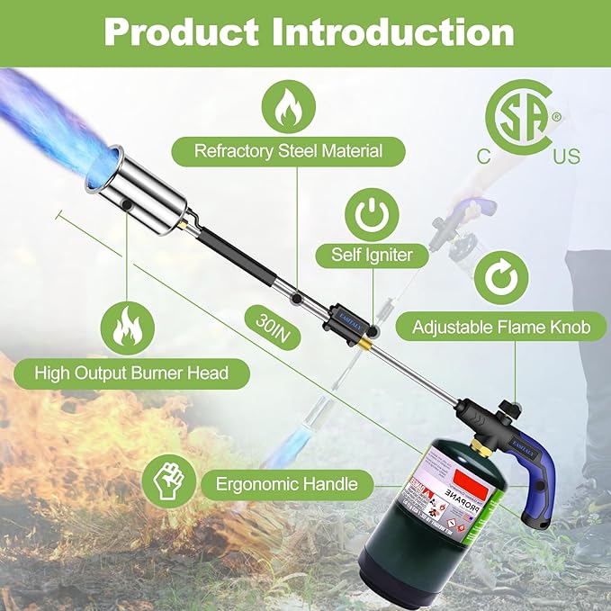 Heavy Duty Propane Weed Burner Torch, 30" Self-Igniting Flame Thrower with Rubber Grip for Garden Weeding, BBQ Lighting, Driveway & Snow Clearing(Fuel Cylinder Not Included)